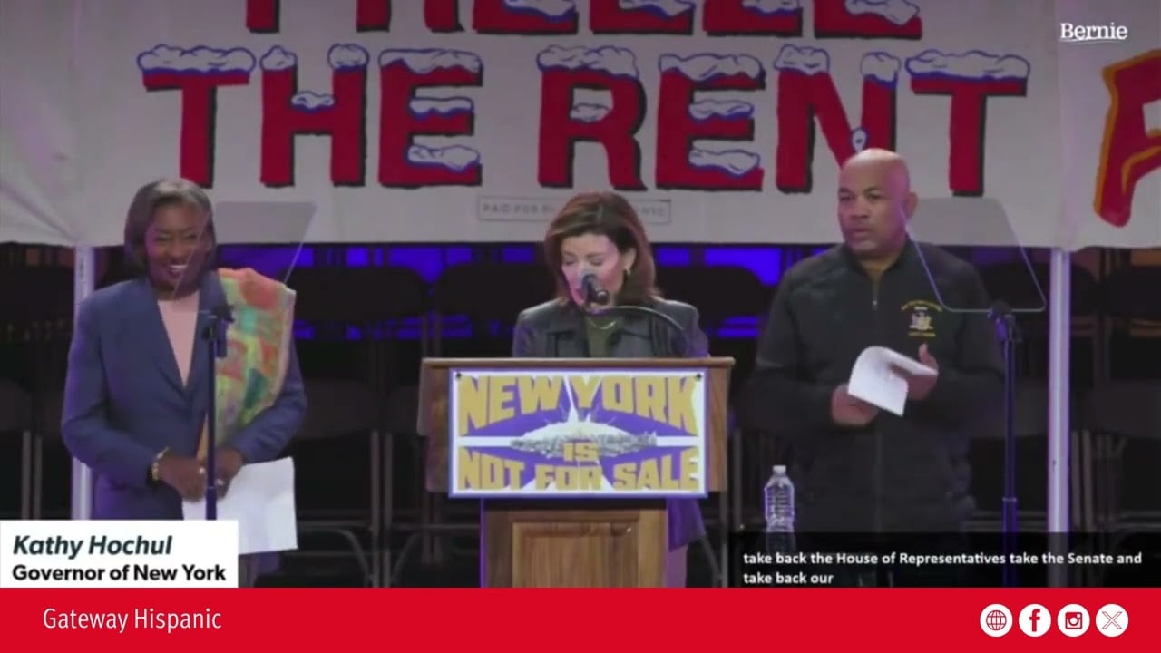 Kathy Hochul, Governor of New York, speaks at a rally advocating for housing rights, emphasizing the message