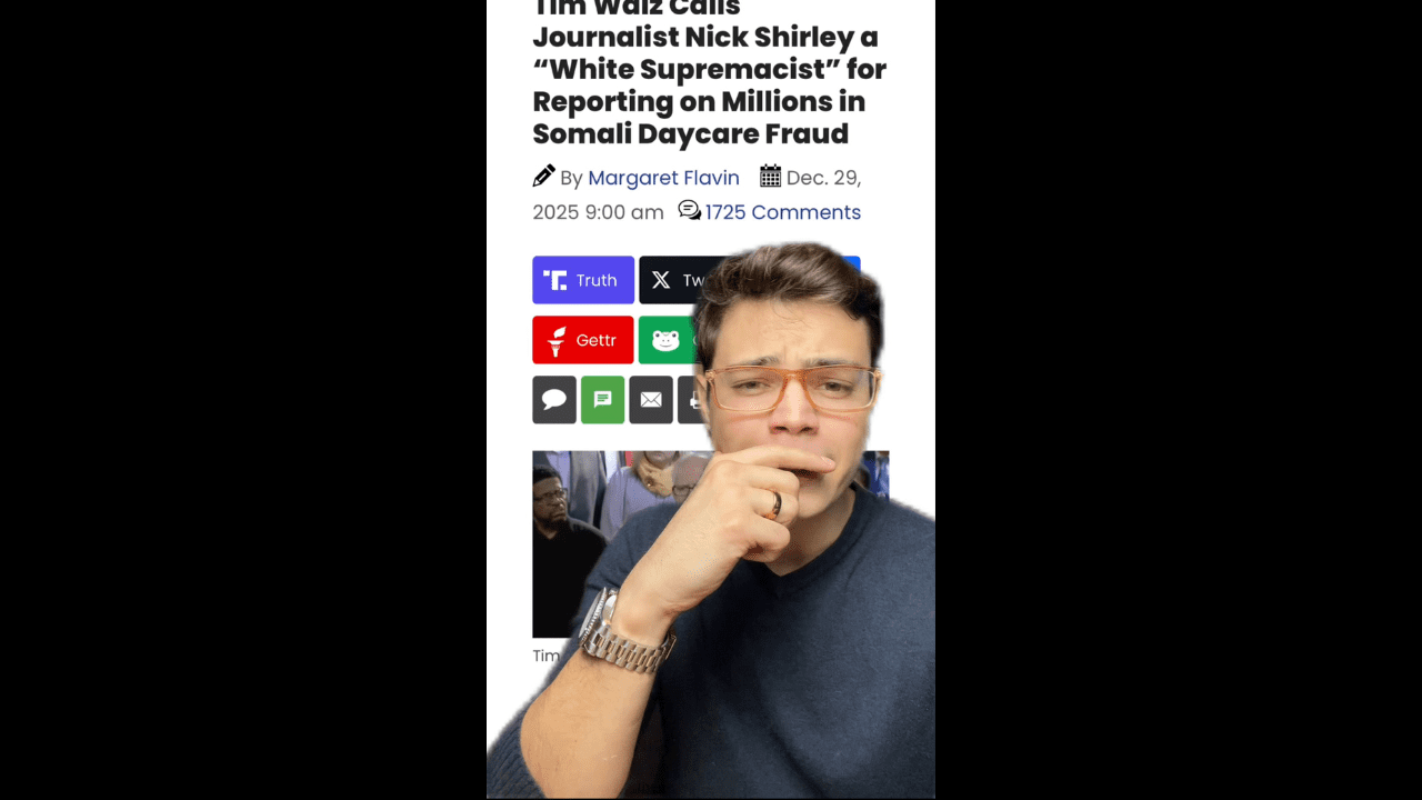 Image of a concerned journalist with glasses, discussing Tim Walz's comments about Nick Shirley regarding Somali daycare fraud allegations.