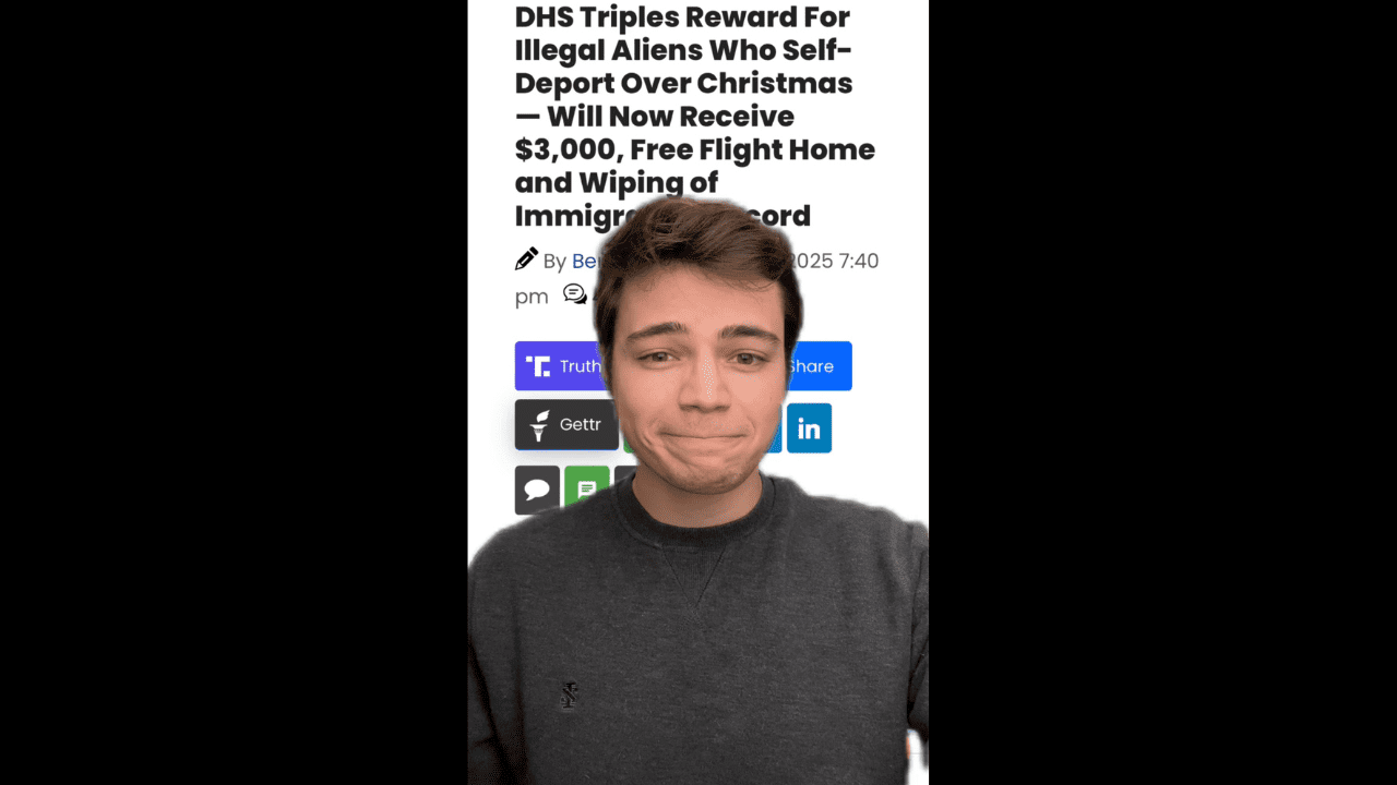 Young man smiling in front of a news headline about DHS rewards for self-deporting illegal aliens during Christmas.