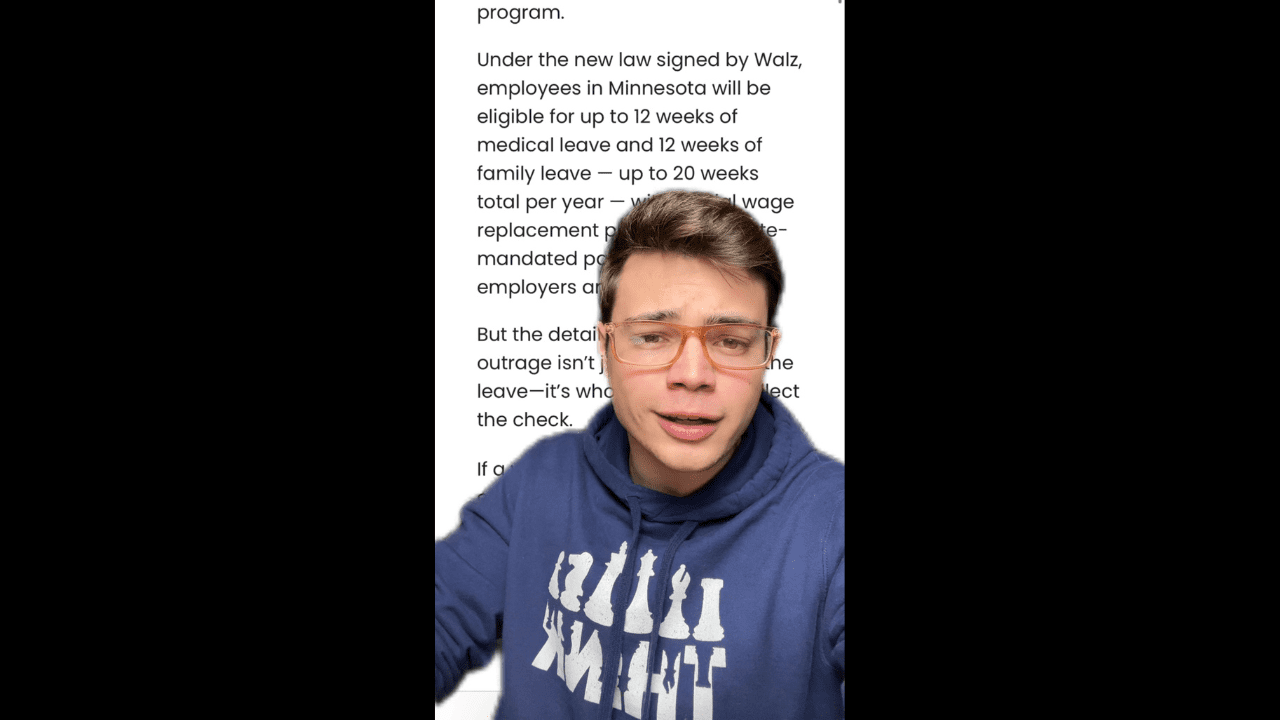Young man wearing glasses and a blue hoodie discusses Minnesota's new law on medical and family leave, highlighting employee eligibility and wage replacement details.