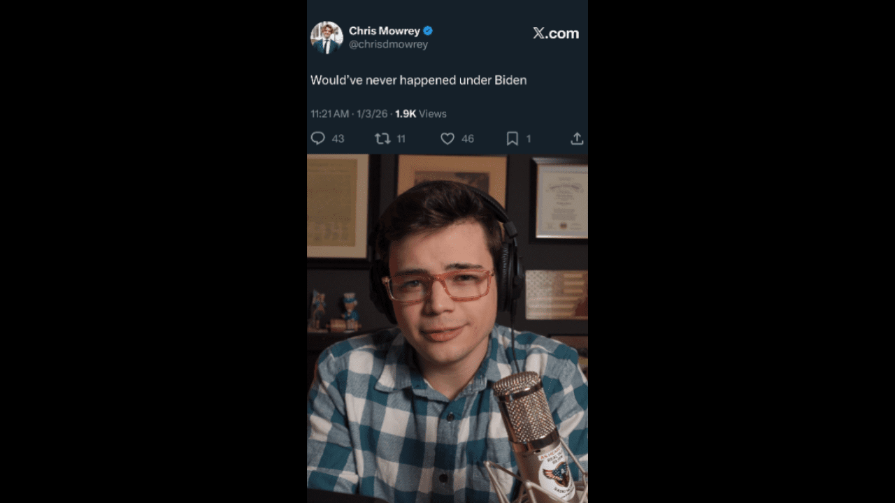 Chris Mowrey speaks on a podcast, wearing headphones and glasses, with a microphone in front and various framed documents visible in the background.